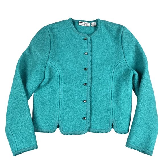 VTG Carol Reed Womens 100% Wool Teal Cardigan Sweater Sz 10 - Made in Hong Kong - Picture 1 of 4